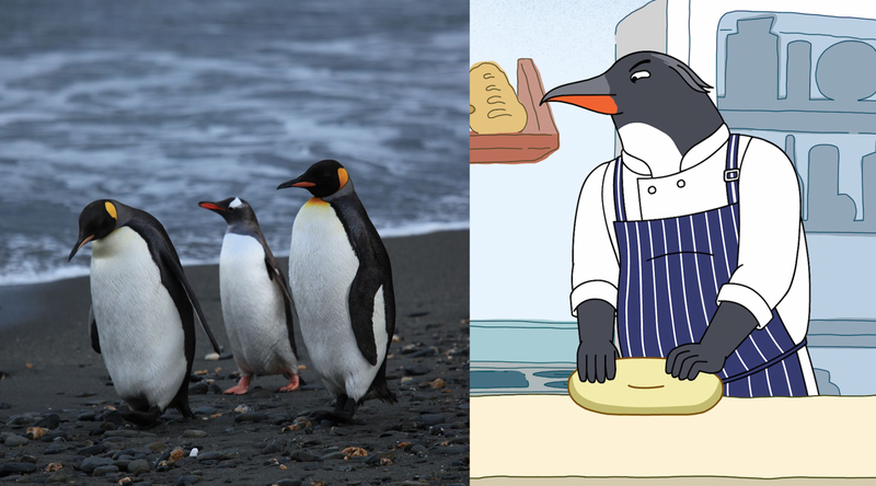 Two king penguins, one gentoo penguin, and Pastry Pete